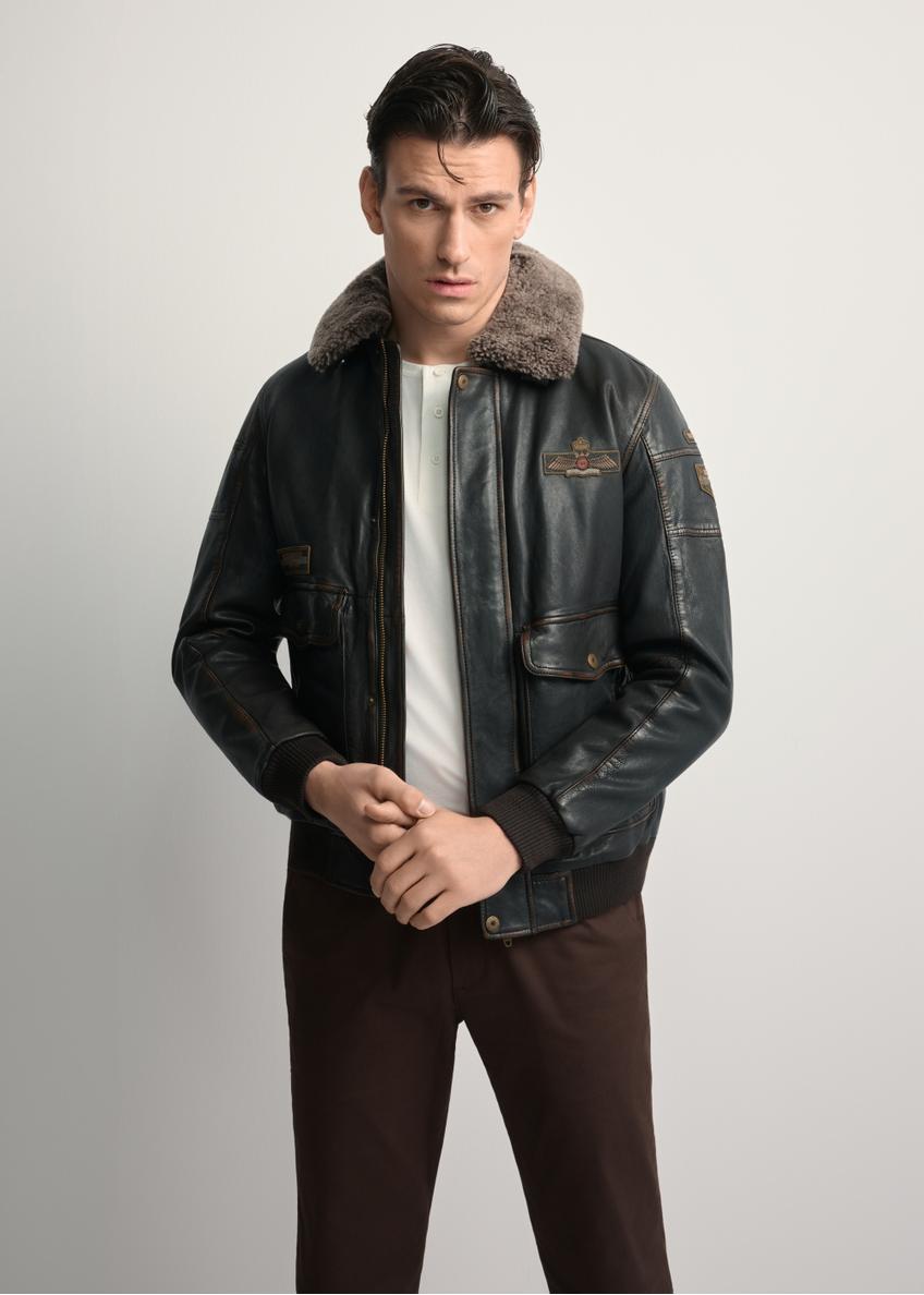 Brown leather jacket with collar KURMS-0380-2877(Z25), front view of the product on the model. Half of the silhouette visible.
