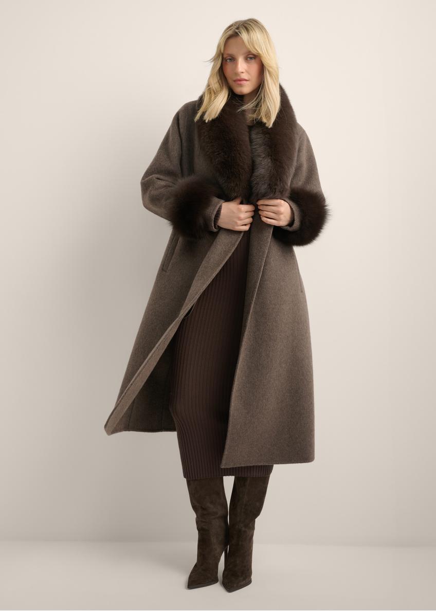 Long brown wool fur coat FUTDW-0043-1I(Z26), front view of the product on the model. Full body visible.