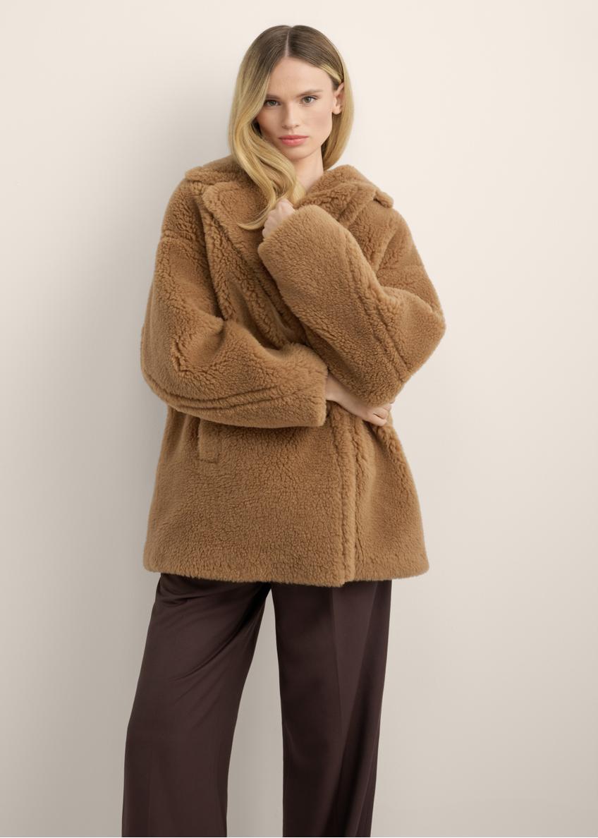 Women's camel fur coat with wool FUTDW-0040-1D(Z26), front view of the product on the model. Half of the silhouette visible.