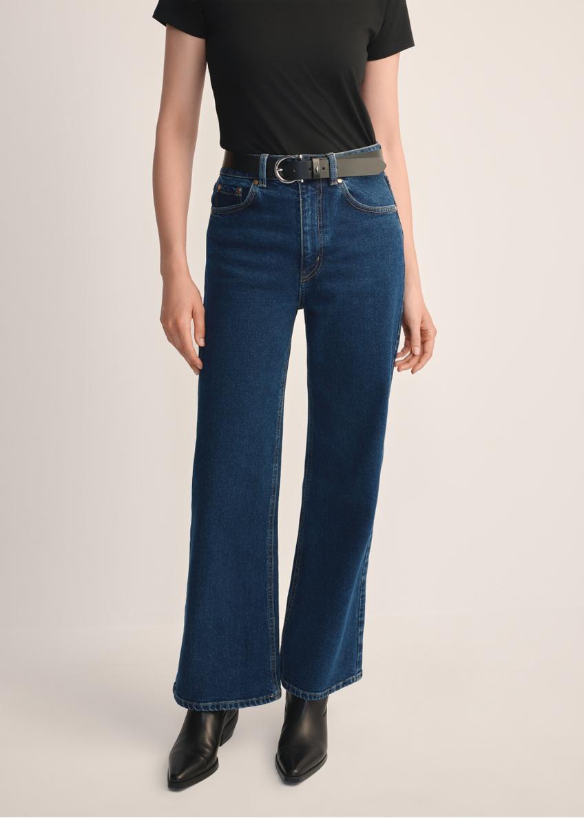 Women's navy blue denim pants JEADT-0013-69(Z25), front view of the product on the model. Half of the silhouette visible.