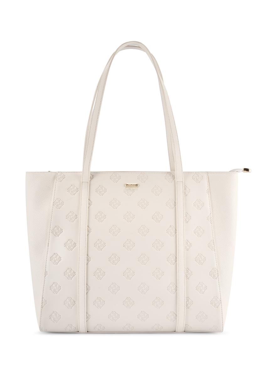 Cream monogram shopper bag TOREC-1160-0B(W26), front product view on white background.