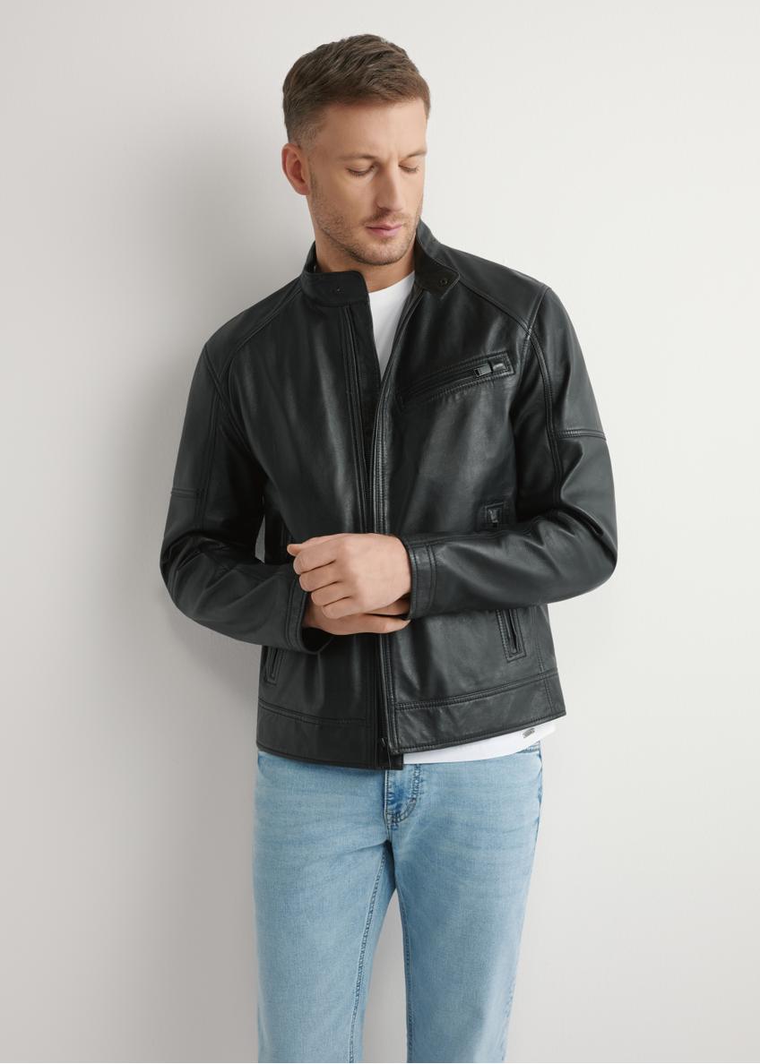 Black men's leather jacket KURMS-0400-99(W26), front product view on model. Half silhouette visible.