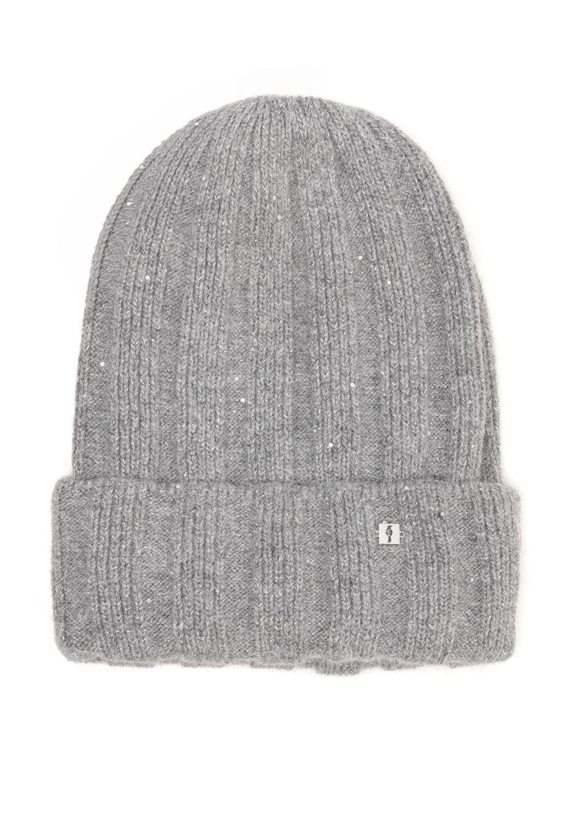 Grey women's sequined hat CZADT-0223-9B(Z26), front view on a white background.