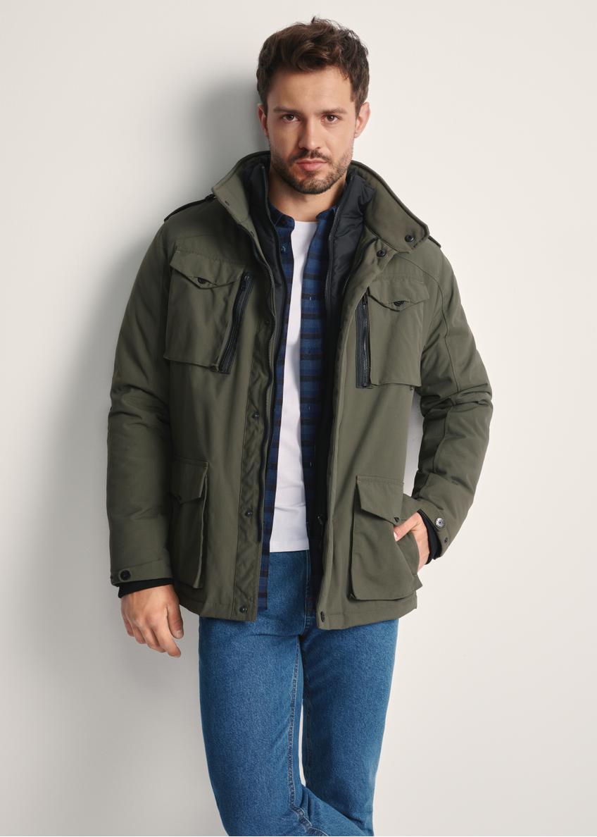 Men's olive transitional jacket KURMT-0392-57(Z25) - front product view of the model against a white background. Half silhouette visible.