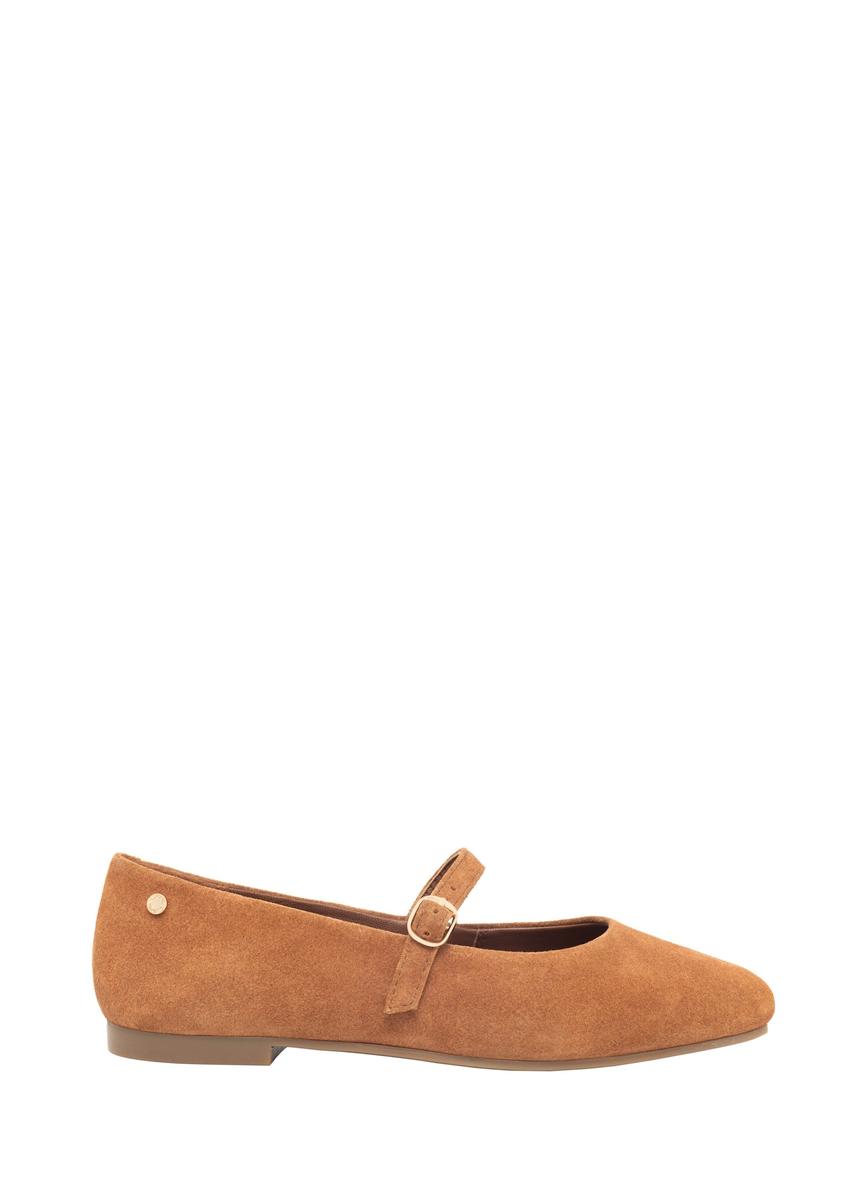 Cognac suede ballet flats with belt BUTYD-1145-1F(Z26), side view of the product on a light background.