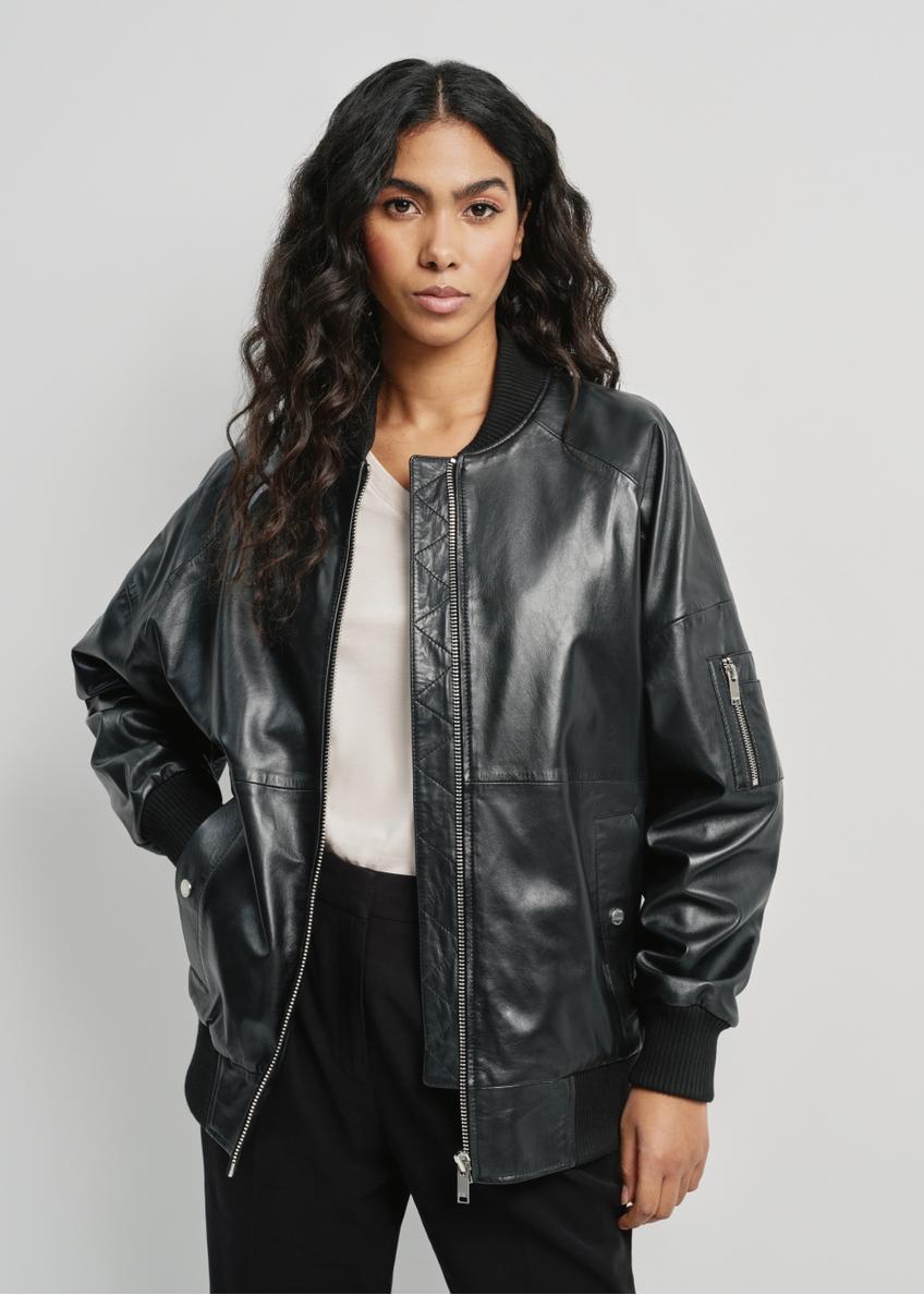 Women's black leather bomber jacket KURDS-0477-5344(W24)-01