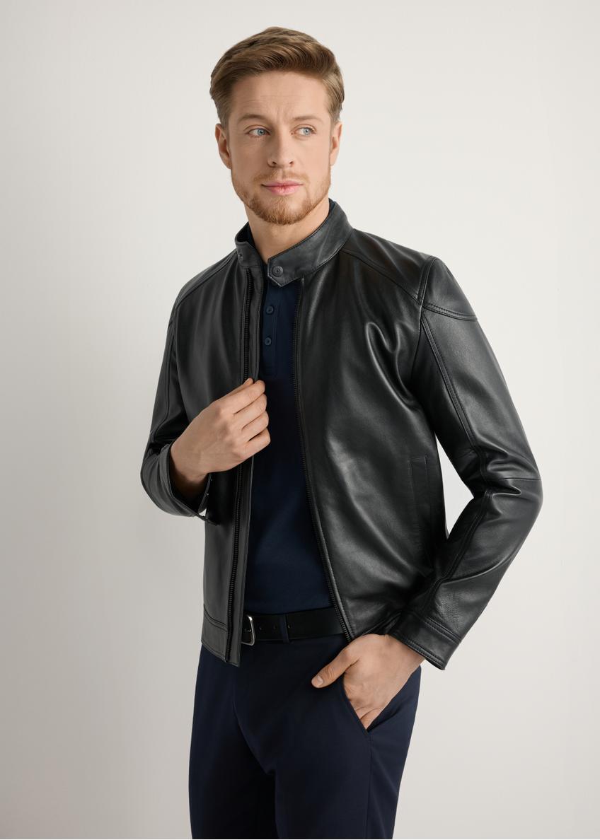 Men's leather jacket with stand-up collar KURMS-0301-99(W26), front view of the product on the model, half of the silhouette visible.-02