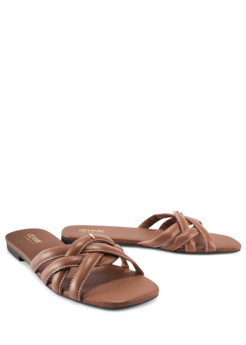 Camel leather women's flip-flops with braid BUTYD-1222-1D(W26)