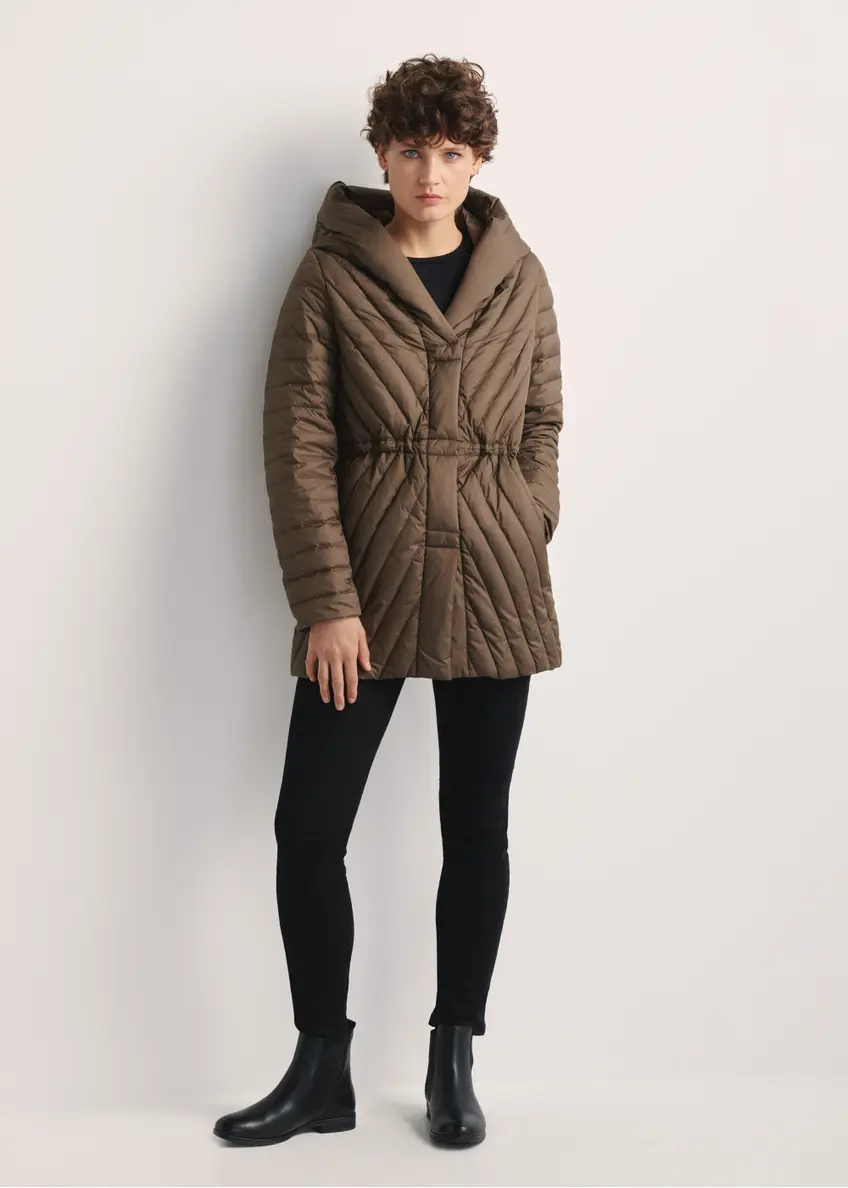 Brown women's quilted jacket KURDT-0524-89(Z25), front product view on model. Full silhouette visible.