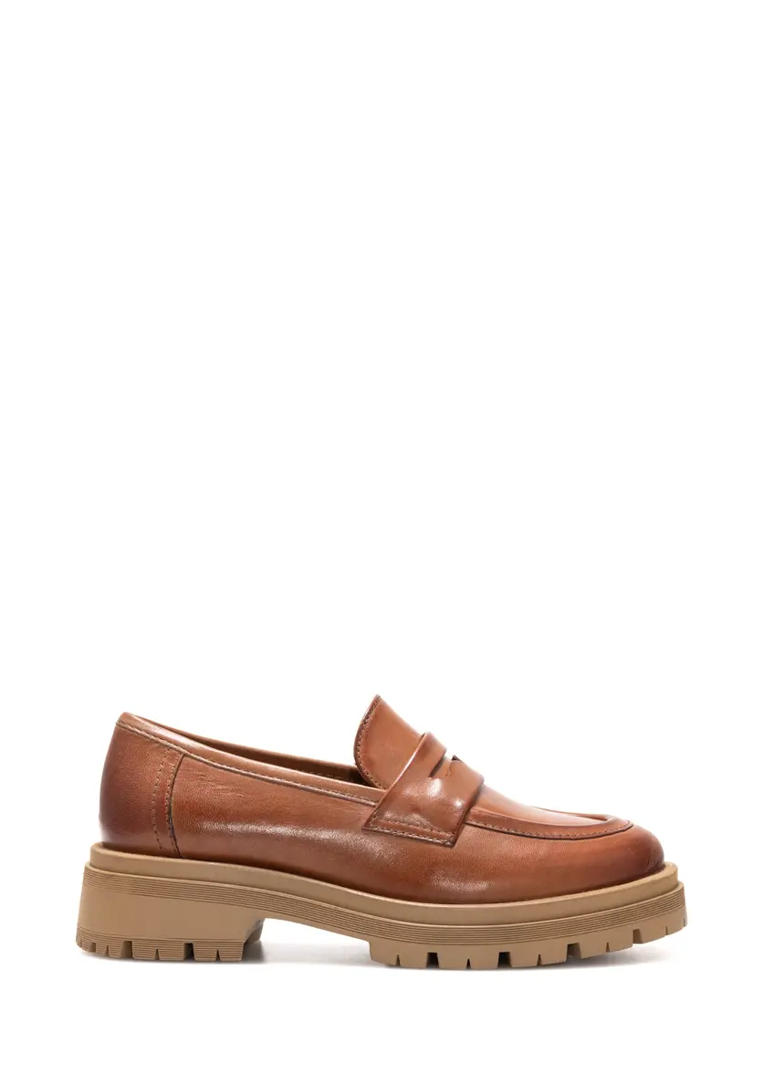 Women's brown leather moccasins BUTYD-1187-87(Z25), side view of the product on a white background.