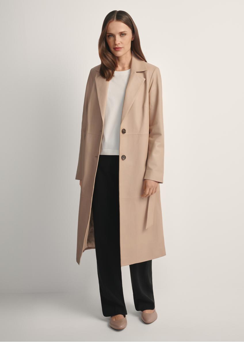 Beige women's leather coat KURDS-0613-1B(W26) - front view of a model against a light background. Full-length silhouette visible.