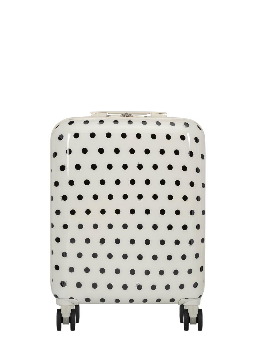 Small polka dot suitcase on wheels WALAB-0074-0P-19(W26), front product view on white background.
