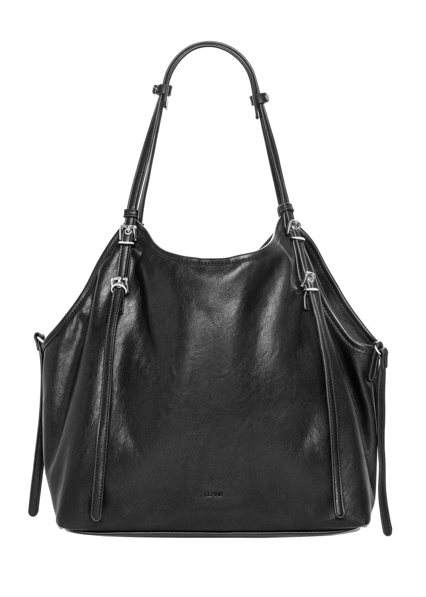 Women's black imitation leather shopper bag TOREC-1371-99(Z26), front product view on white background.