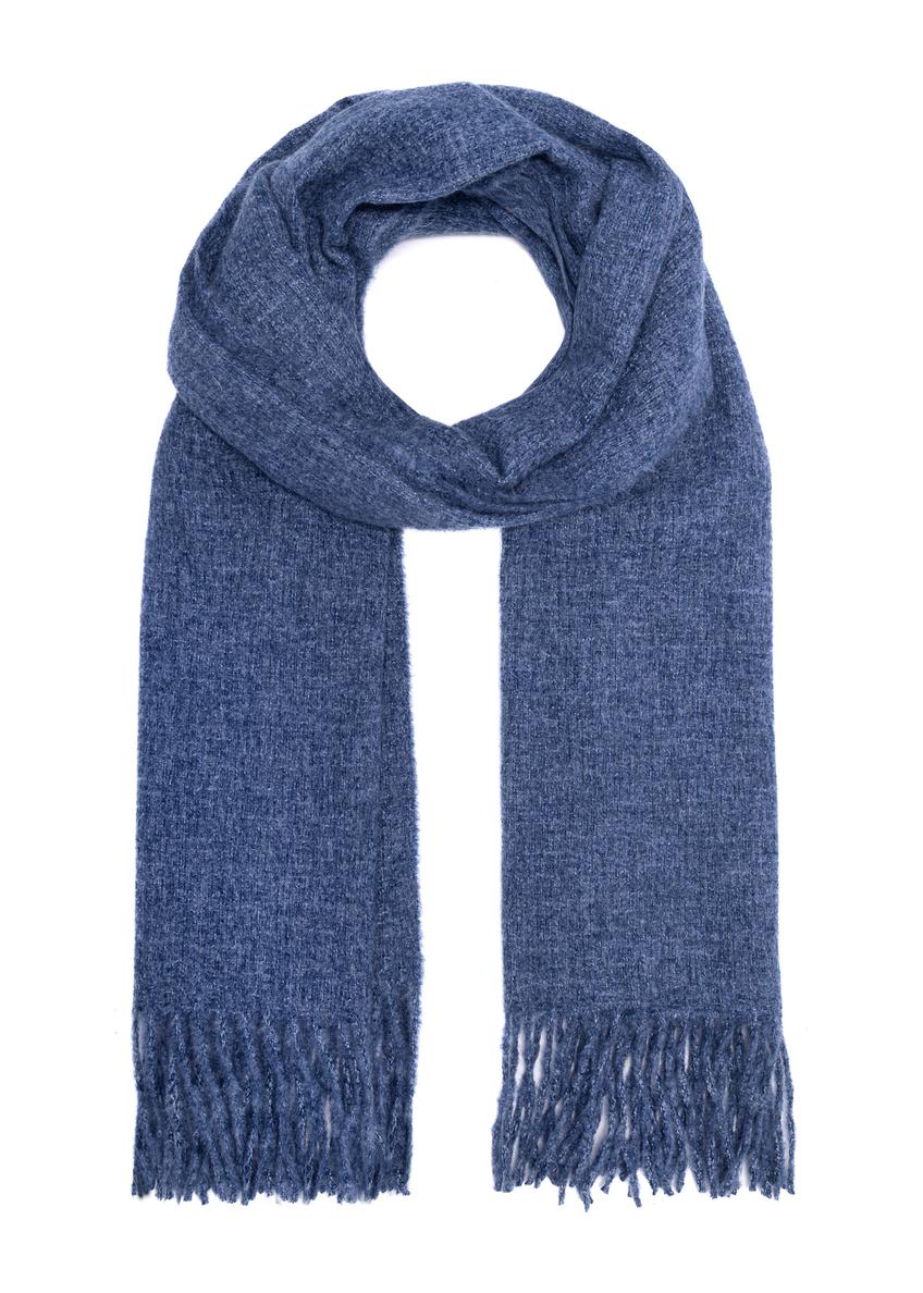 Blue women's scarf with fringes SZADT-0209-61(Z25), front product view on white background.