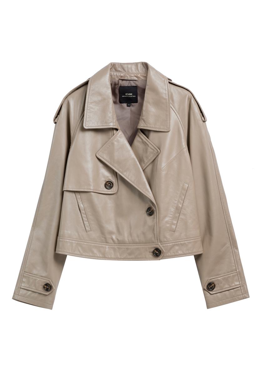 Beige oversize women's leather short jacket KURDS-0511A-1K(W26)