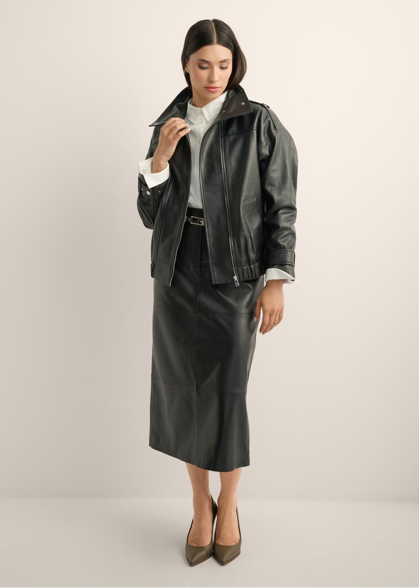 Black oversized leather jacket KURDS-0623-99(Z26)