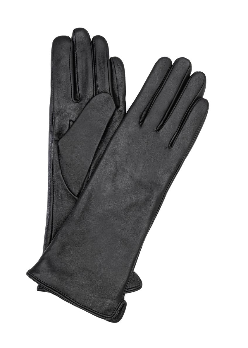 Long brown leather women's gloves REKDS-0082A-89(Z25), product view from the front and back on a white background.