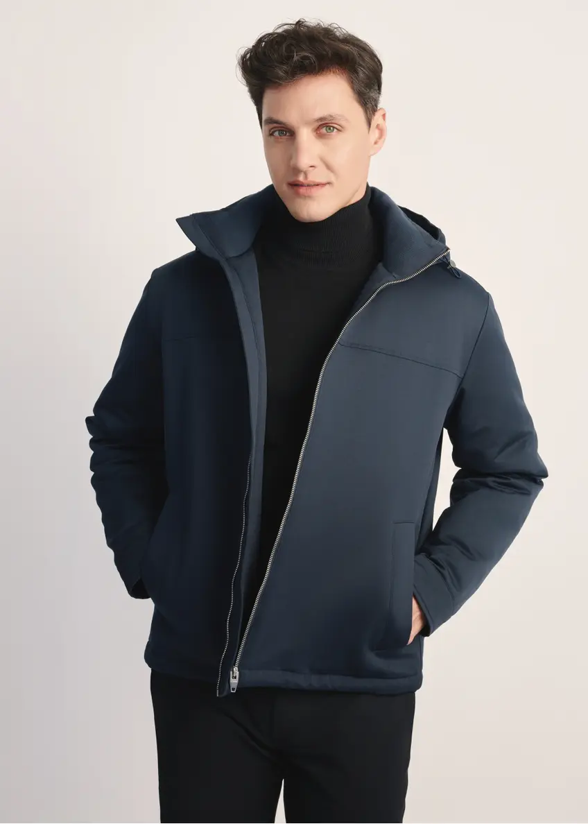 Men's navy blue jacket with hood KURMT-0386-69(Z25), product visible from the front on the model, half of the silhouette visible.