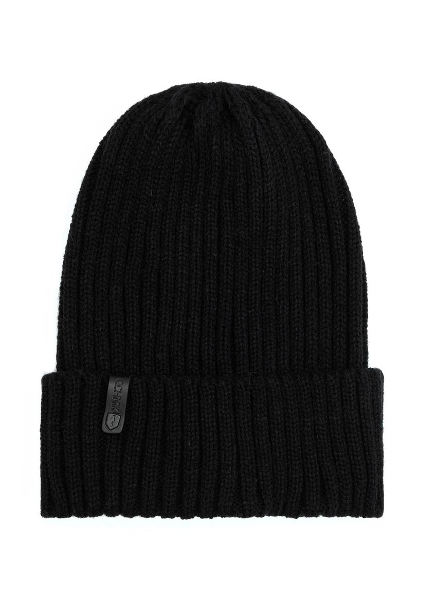 Men's winter hat in black CZADT-0088-99(Z 25), product view from the front on a white background.