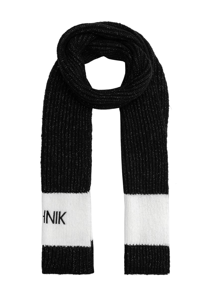 Black women's scarf with OCHNIK SZADT-0125A-99(Z25) logo, view of the rolled-up product on a white background.