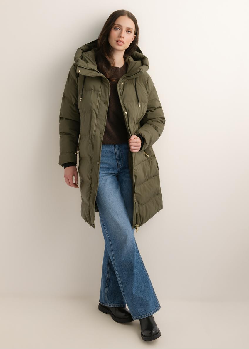 Women's khaki winter jacket KURDT-0700-8D(Z26), front view of the product on a model. Full body view.