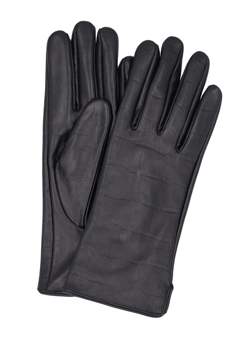 Women's black croco leather gloves REKDS-0001A-9G(Z26), product view from the front and back on a white background.