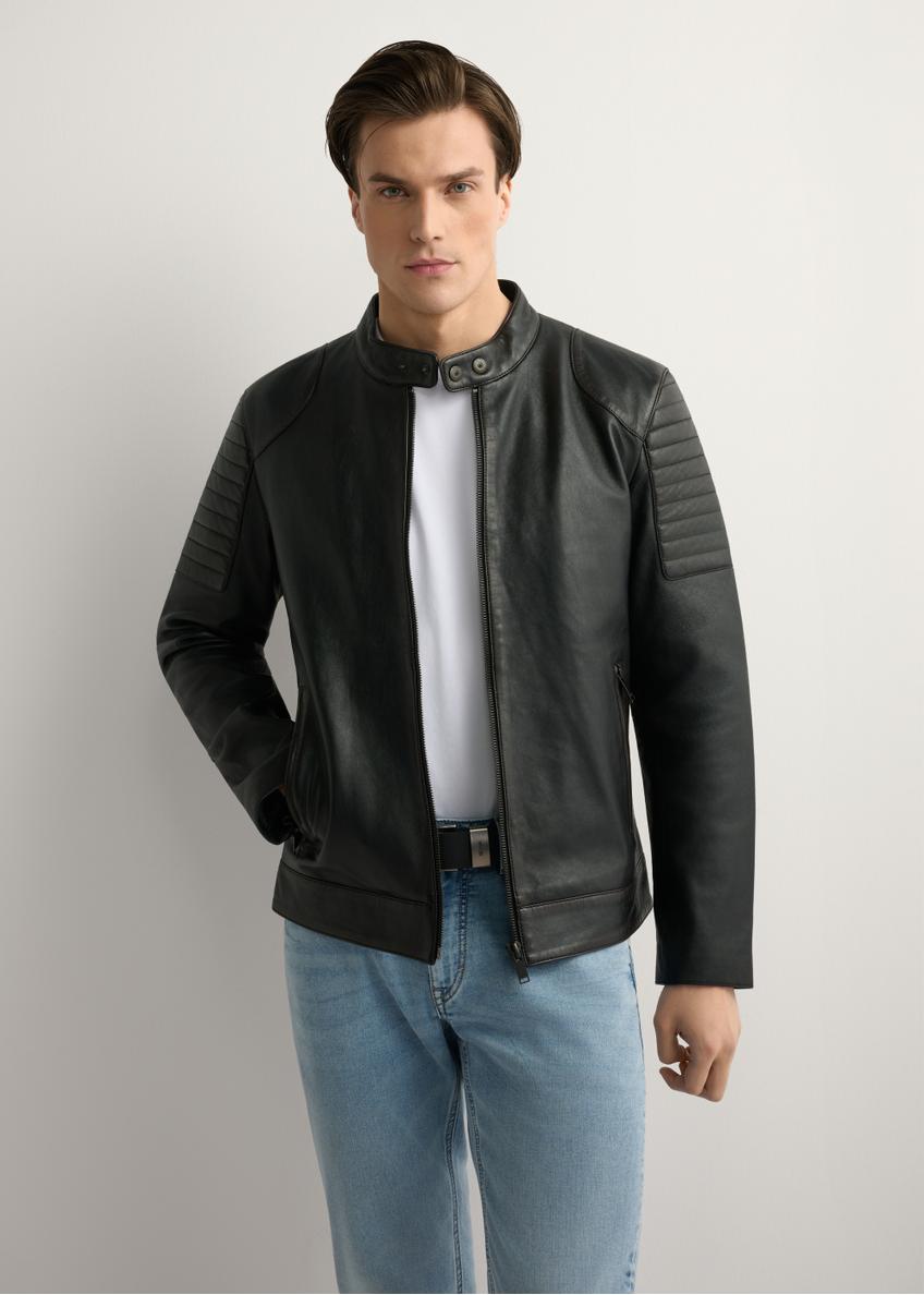 Black men's leather jacket KURMS-0394-99(W26), product view from the front on the model, half of the silhouette visible.