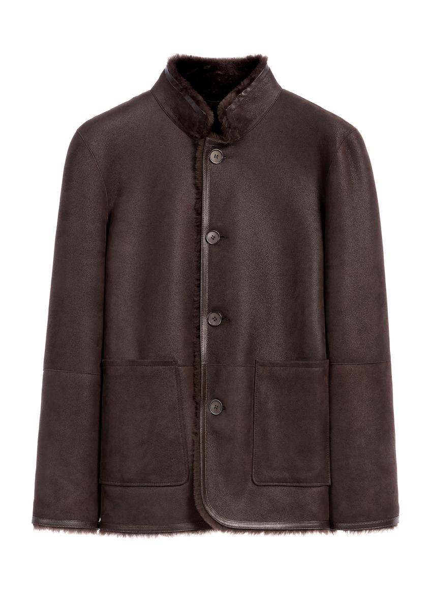 Men's brown leather sheepskin coat KOZMS-0025-3190(Z25), front product view on a white background.