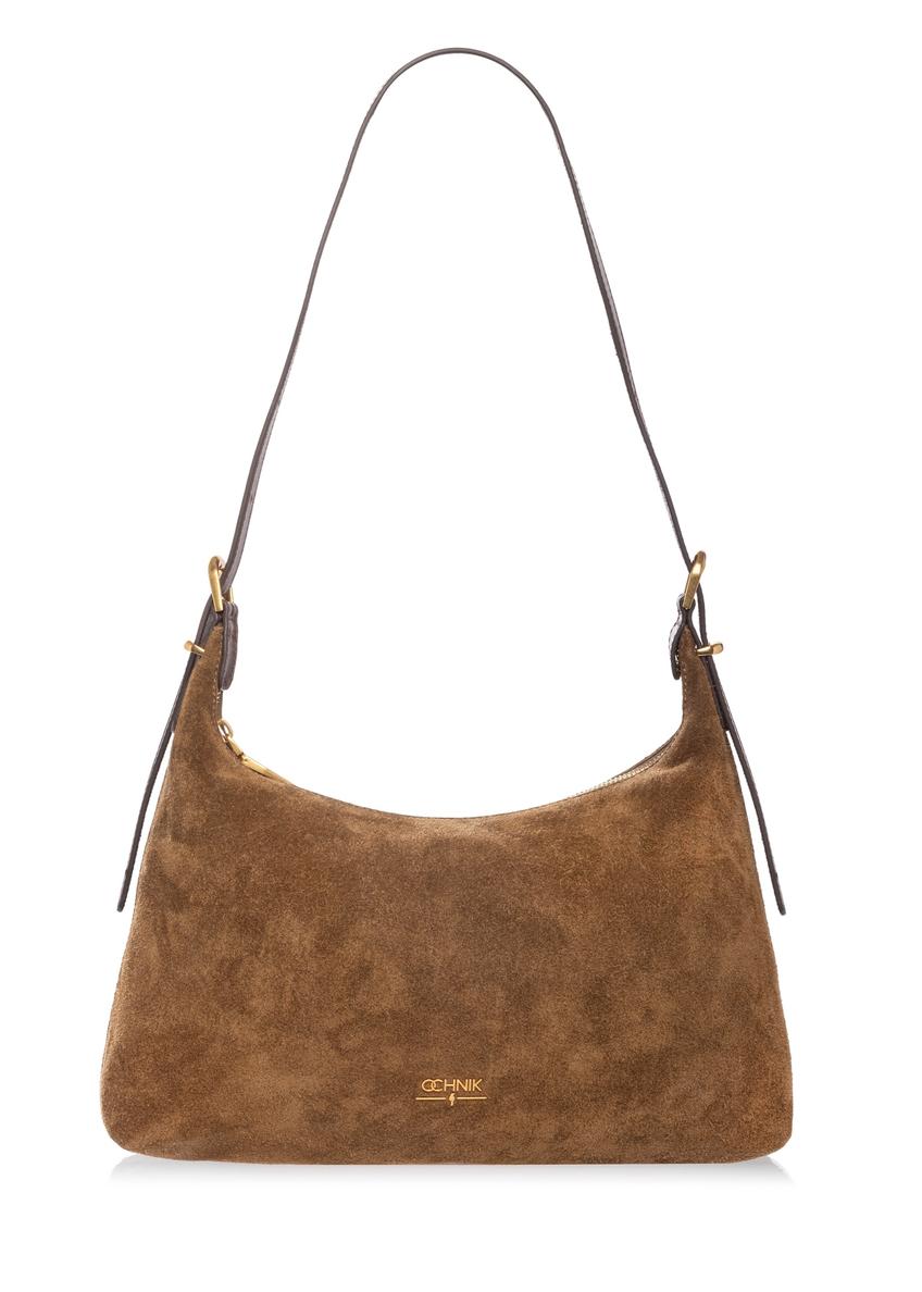 Women's suede handbag in camel color TORES-1303-1D(W26), front product view on white background.