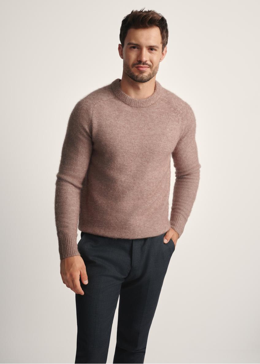 Men's camel wool sweater SWEMT-0171-24(Z25), front product view on model. Half silhouette visible.