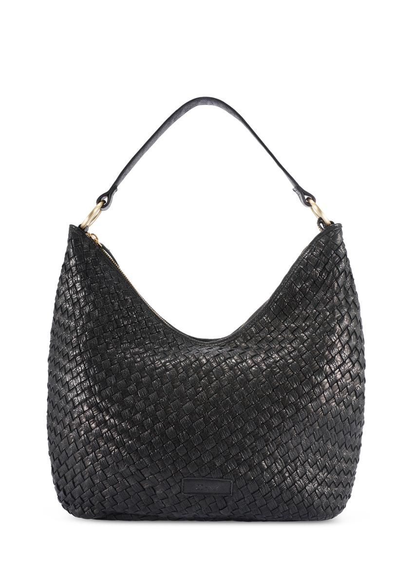 Black leather woven handbag TORES-1242-9P(W26), front product view on white background.