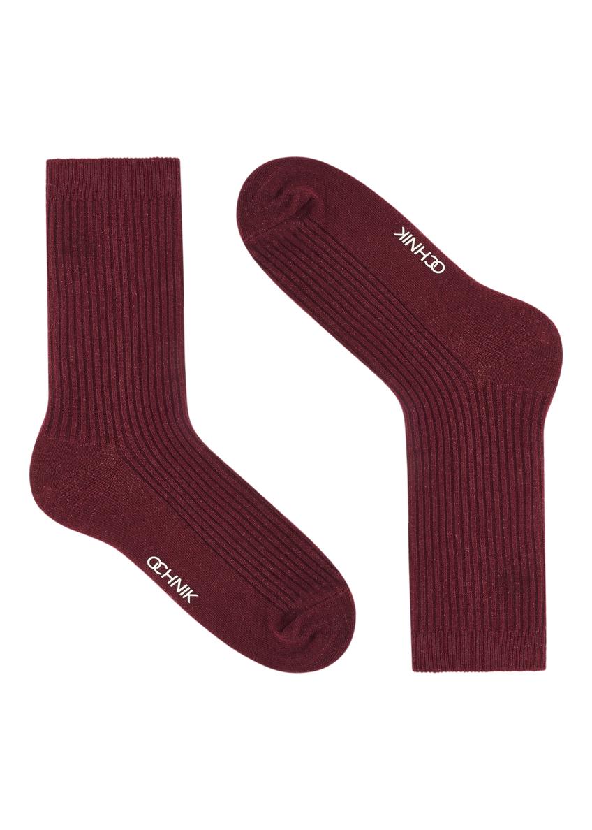 Burgundy shiny women's socks SKADT-0074-49(Z25), product view without packaging on white background.