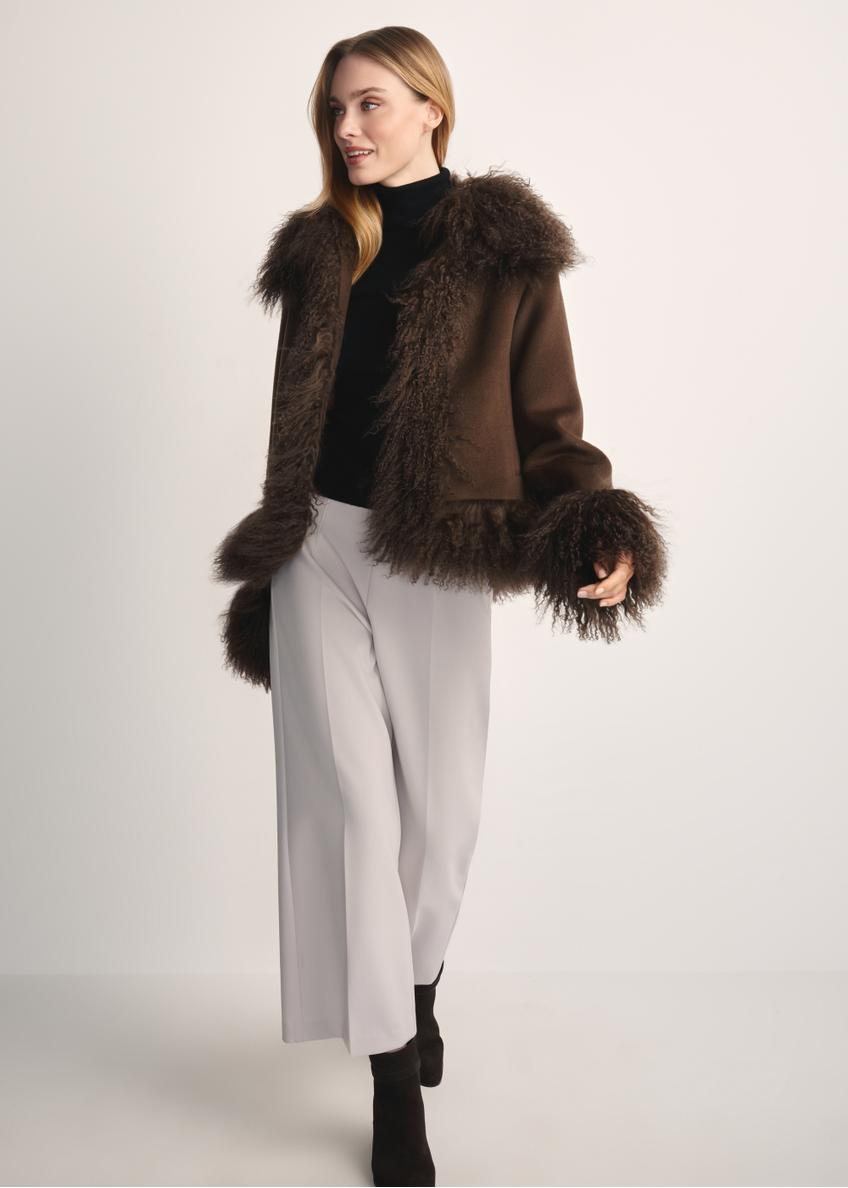 Brown woolen women's fur coat FUTDF-0113-3182(Z25) - front view of the product on a model on a white background. The entire silhouette is visible.