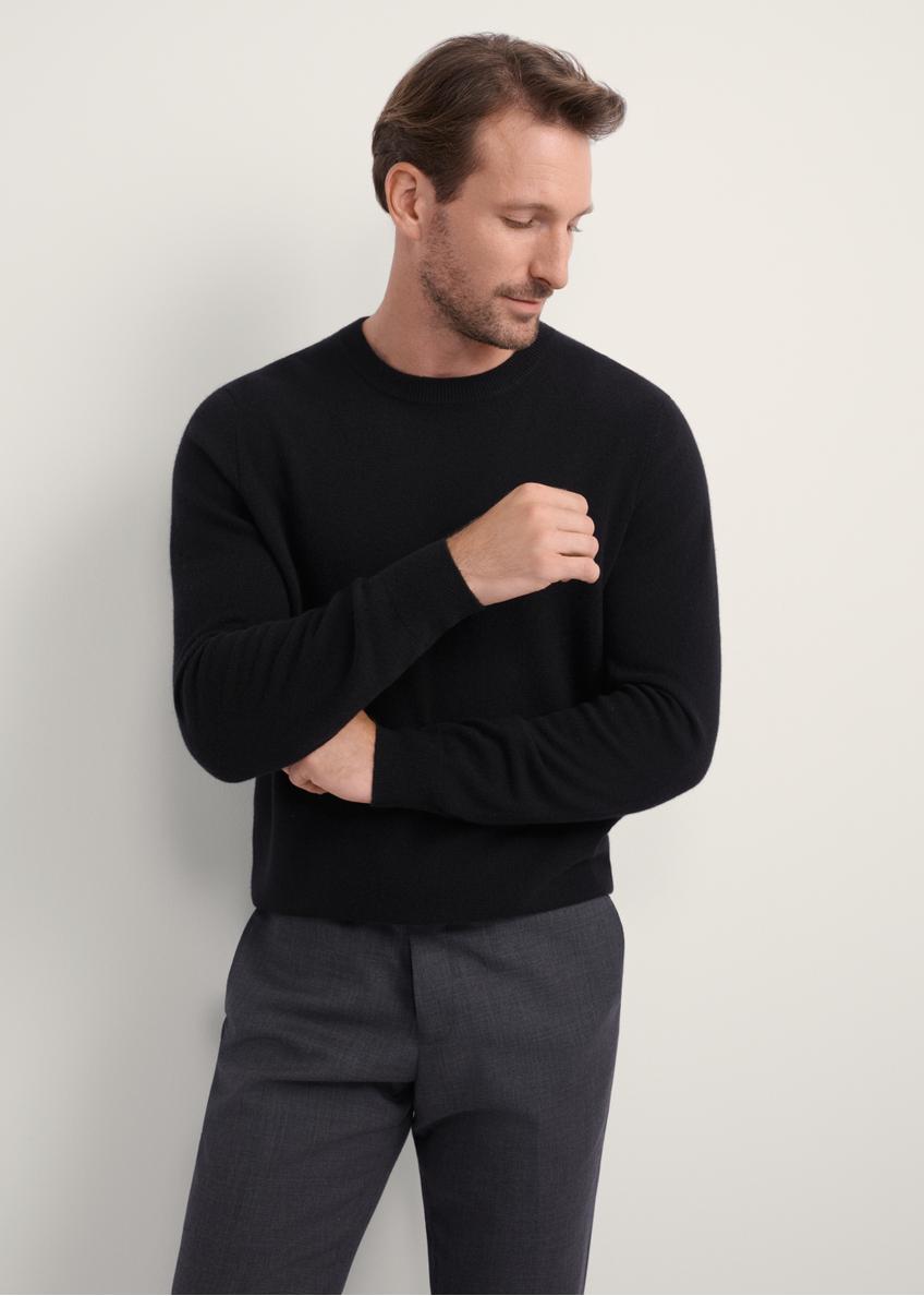 Black men's wool cashmere sweater SWEMT-0186-99(Z25), front product view on model. Half silhouette visible.