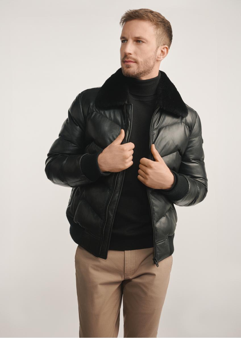 Black men's leather jacket with insulation KURMS-0377-1127(Z25), product view from the front on the model, half of the silhouette visible.