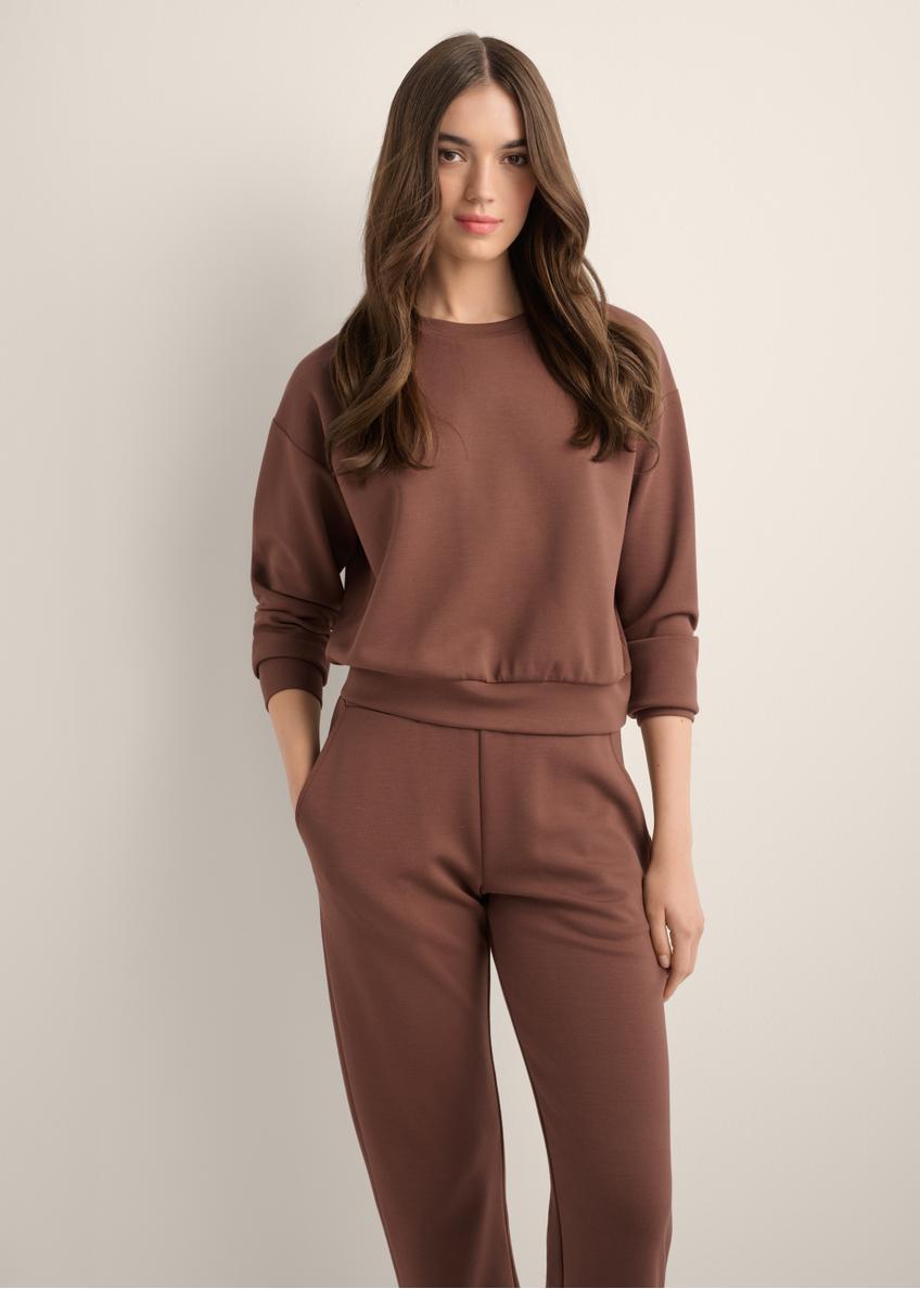 Brown women's sweatshirt BLZDT-0119-1H(Z26), front view of the product on the model. Half of the silhouette visible.