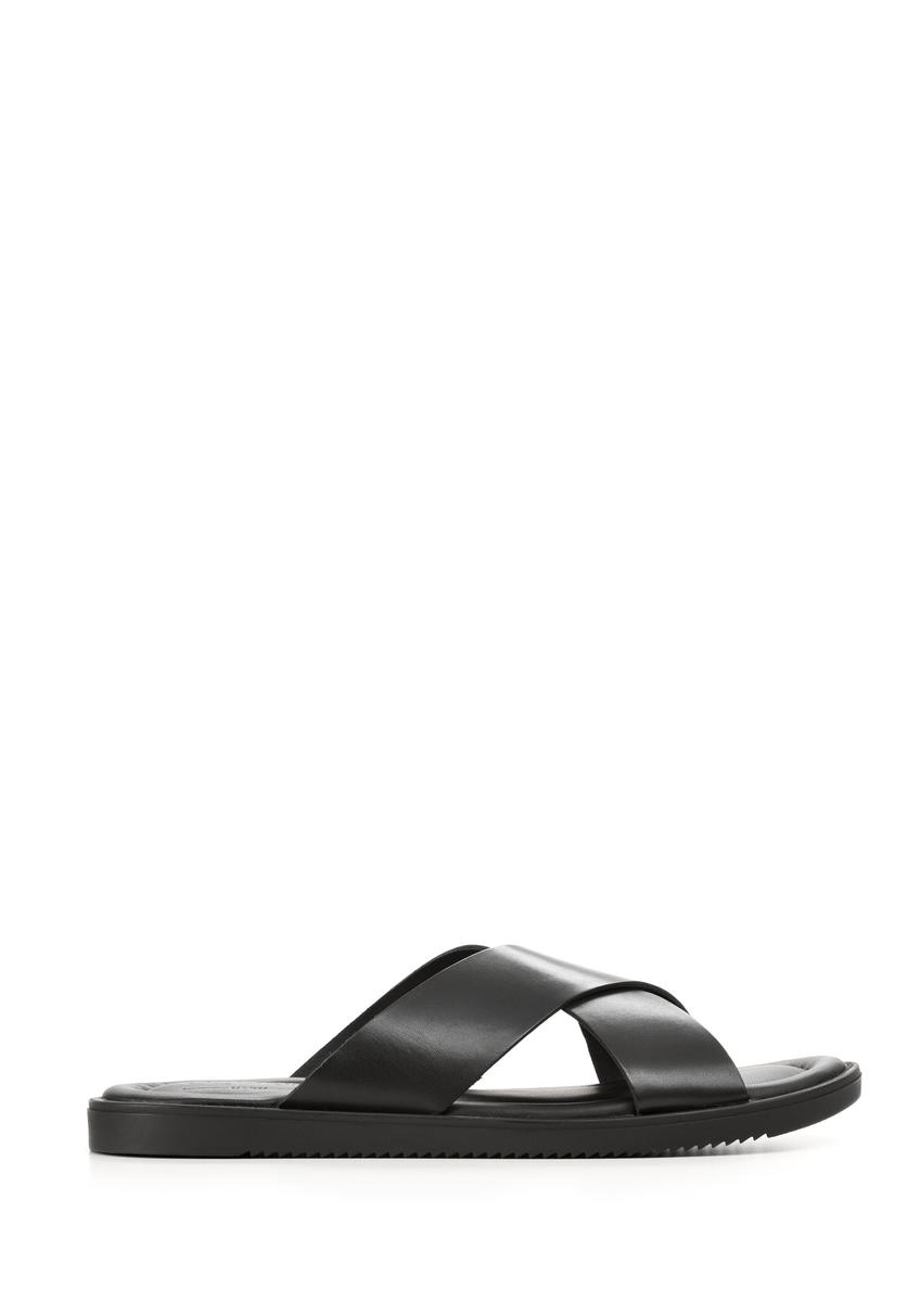 Men's black leather flip-flops BUTYM-0536-99(W26), side view of the product on a white background.