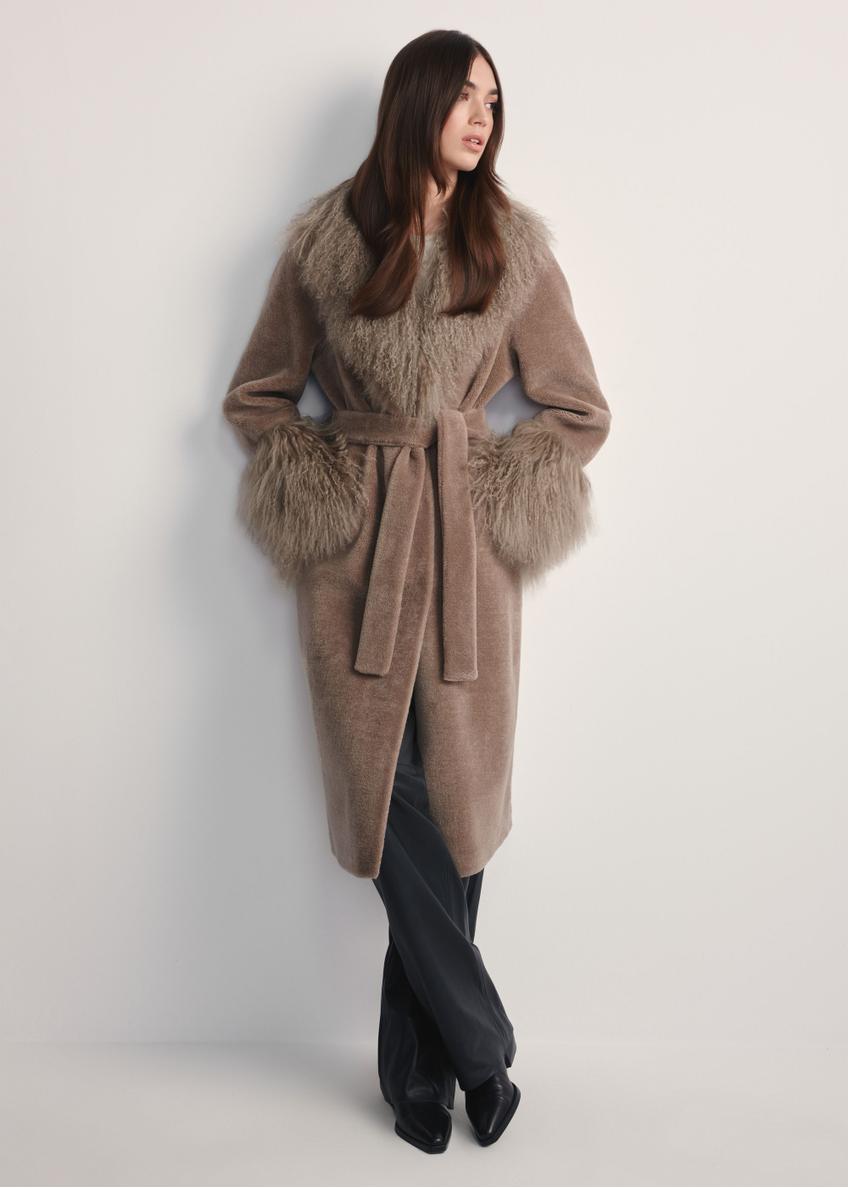 Beige wool coat with fur FUTDW-0014A-1A(Z26) - front product view on white background. Full body visible.