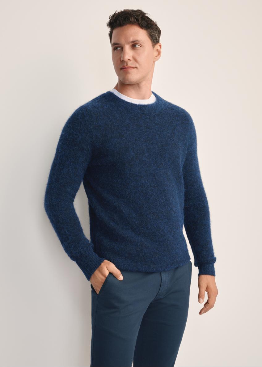 Men's navy wool sweater SWEMT-0171-68(Z25), front product view on model. Half silhouette visible.