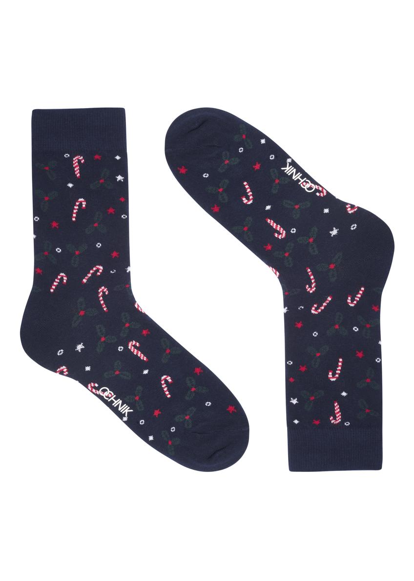 Navy blue men's Christmas socks SKAMT-0208-7D(Z26), product view from the front on a white background.