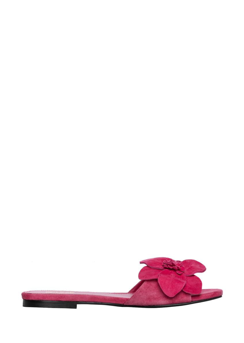 Women's fuchsia suede slides BUTYD-1237-5E(W26), side view of the product on a white background.