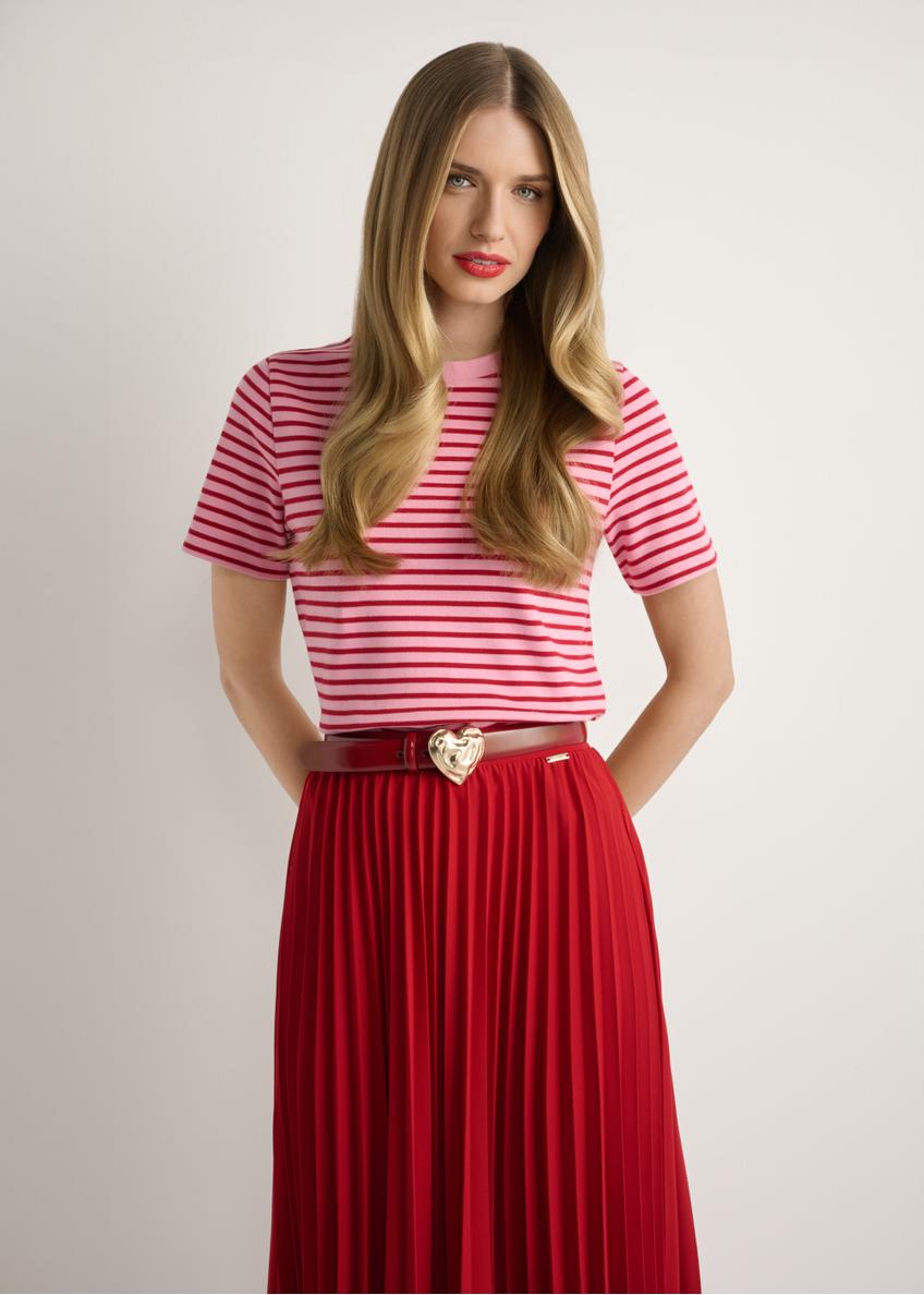 Women's Pink Striped T-shirt TSHDT-0150-5P(W26), front view of the product on the model. Half of the silhouette visible.