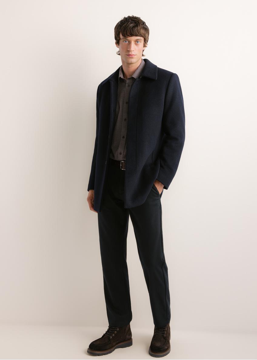 Men's navy wool coat PLAMT-0011-7D(Z26), front view on a model. Full-body shot.