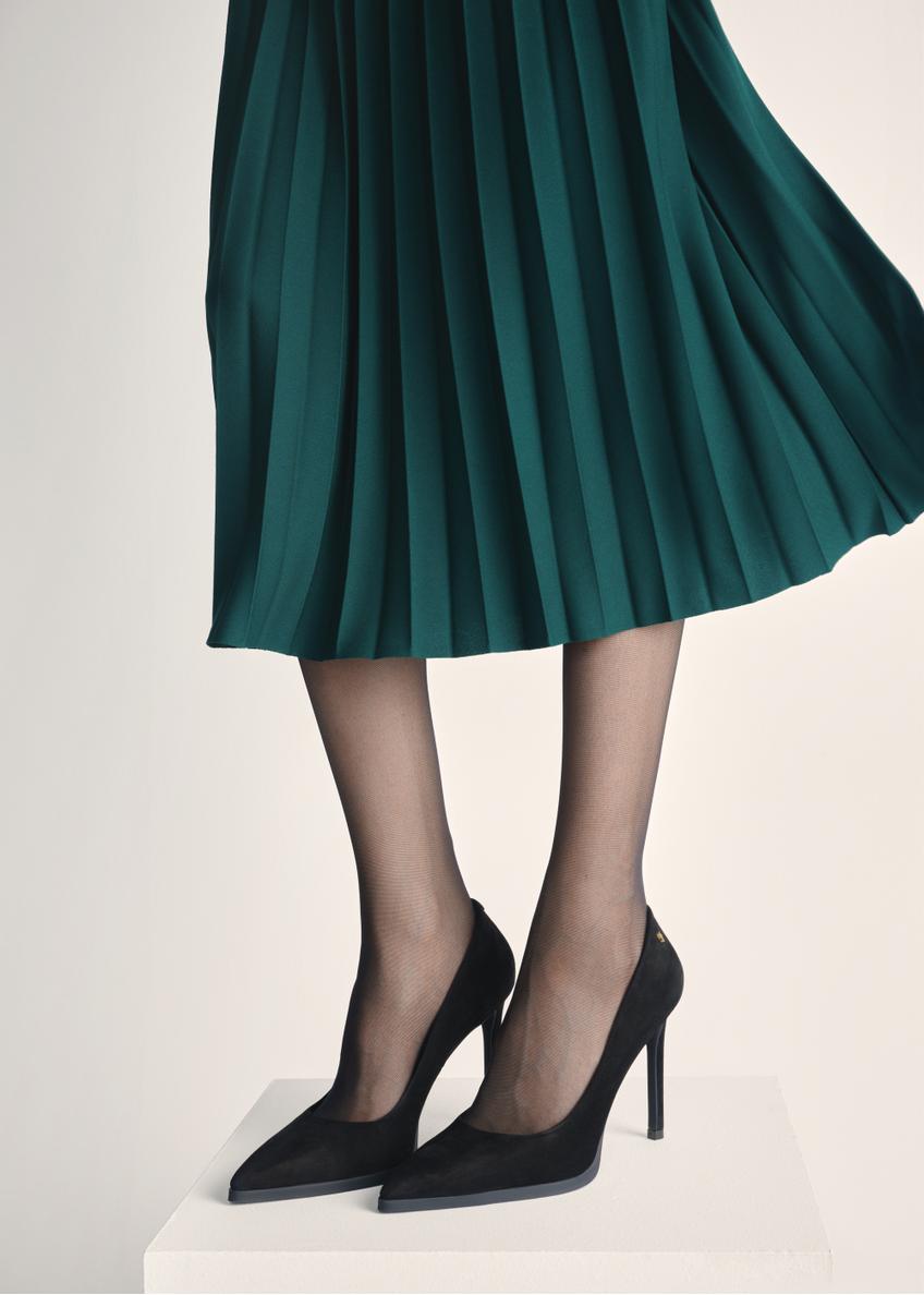 Women's black suede high heels BUTYD-1217-99(Z25), product view on model's feet against a light background.