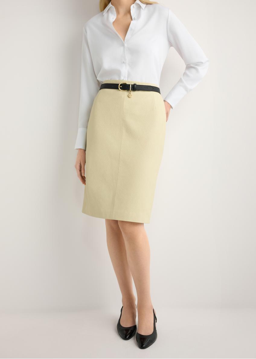 Yellow leather skirt SPCDS-0031-2A(W26), front view of the product on the model. Half of the silhouette visible.