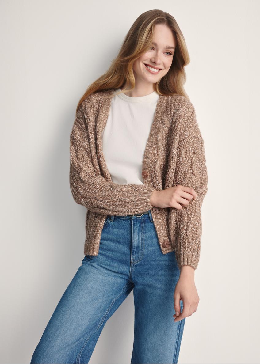 Women's camel cardigan KARDT-0054-24(Z25) - front product view on white background. Half of the silhouette visible.