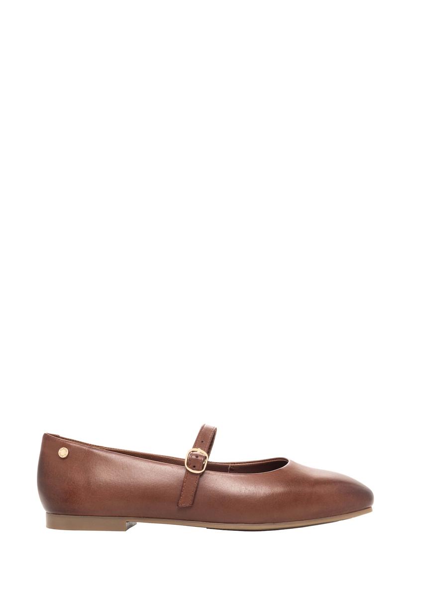 Leather brown ballet flats with strap BUTYD-1145-1H(Z26), side view of the product on a white background.