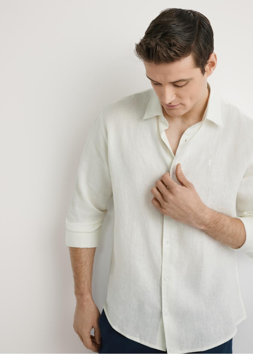 Cream linen men's shirt KOSMT-0321A-0B(W26) - front view of the product, against a light background. Half of the silhouette visible.