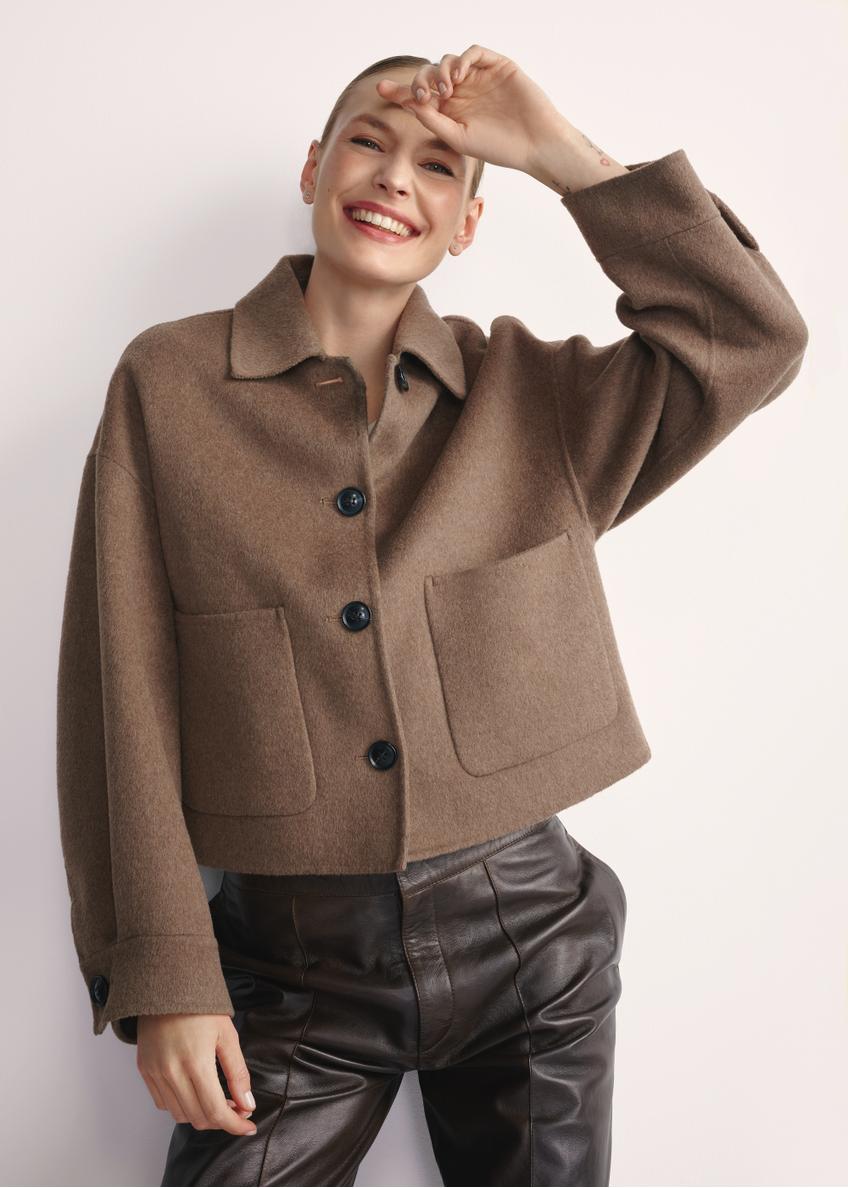 Women's short coat PLADT-0067-82(Z25), front view of the product on the model. Half of the silhouette visible.