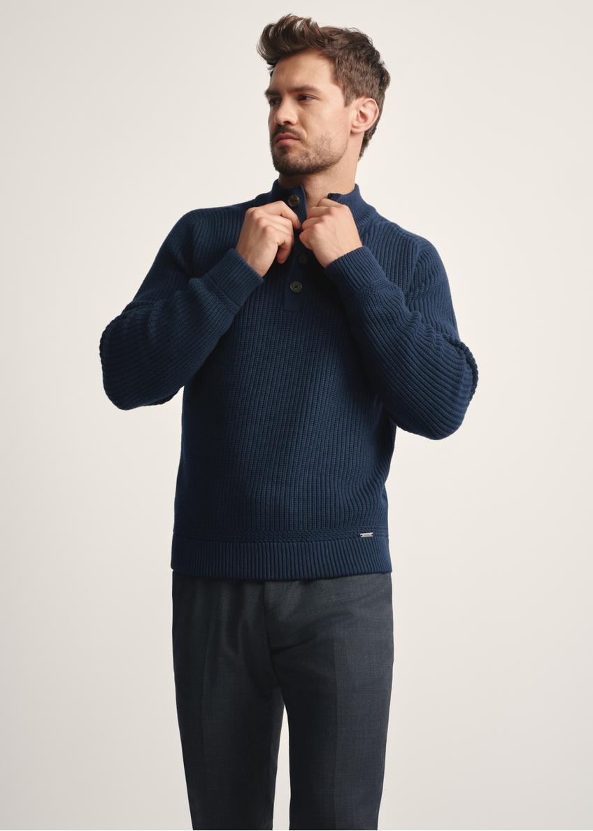 Men's navy blue sweater with stand-up collar SWEMT-0168-68(Z25) - front view of the product model on a white background. Half of the silhouette visible.